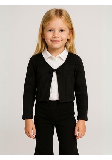 Kız Çocuk Mevsimlik Örme Bağlamalı Hırka-16070 Siyah
