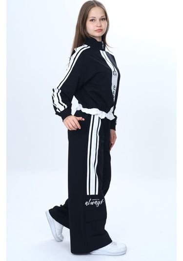 Kız Çocuk 2 İplik Yarım Fermuarlı Garnili Eşofman Takımı %100 Pamuk Rahat Kalıp-325 Siyah