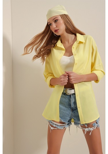 Bigdart 3900 Oversize Uzun Basic Gömlek - Sarı 001