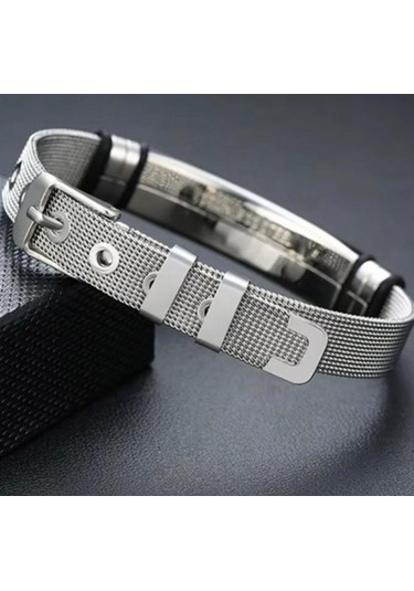 Tamamı Saf Çelik Silver Kemer Kordonlu Sade Çelik Bileklik 23cm Gümüş