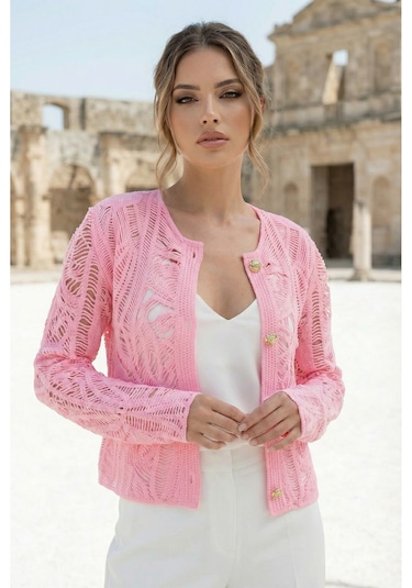 Sayzen Your Shine Dantel Desenli Gold Düğmeli Basic Ceket Shn-2602-tg Pembe