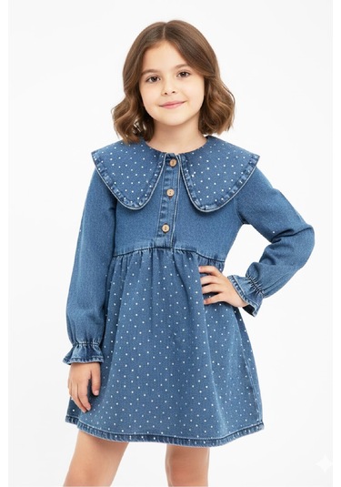 Kız Çocuk Taş Süslemeli Ve 3 Düğme Kapatmalı Jean Elbise 12444 İndigo