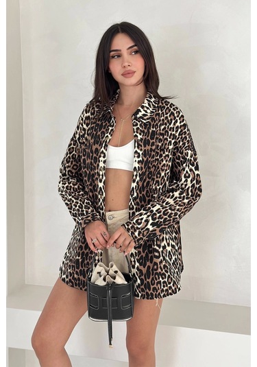 Asprin Fashion Leopar Desen Gabardin Gömlek Leopar