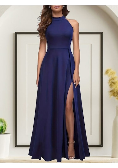 Ahes Shopping Kadın Halter Yaka Derin Yırtmaç Detaylı Tam Boy Janjan Krep Abiye Elbise Mavi