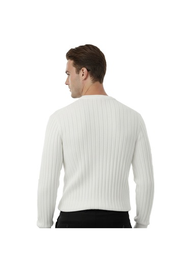 Deepsea Erkek Beyaz Rahat Kalıp Çizgi Dokulu Triko Kazak Şık & Modern Tasarım 2605432 Beyaz