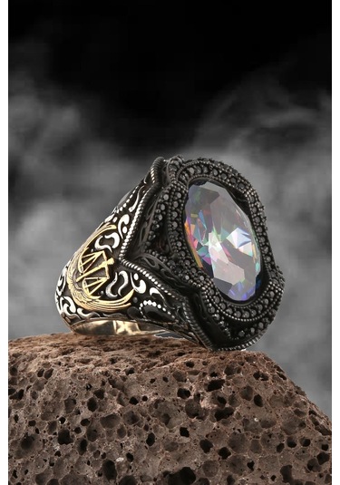 Yüzük Sanatı Mistik Topaz Taşlı Adalet Terazisi Gümüş Erkek Yüzük