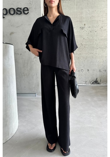 Kadın Siyah Yarasa Kol Sahte Cep Bürümcük Alt Üst Palazzo Takım Siyah
