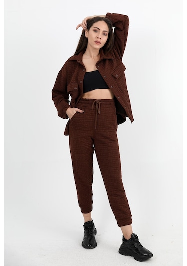 Jakarlı Kapitone İkili Takım - Kahverengi-kahverengi Kahverengi