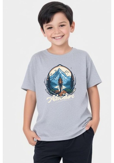 Adventure Baskılı Erkek Çocuk Yuvarlak Yaka Kısa Kollu T-shirt Gri