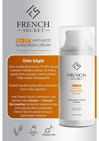 French Secret Yüksek Koruyucu Leke Karşıtı 50 +SPF Güneş Kremi 100 ML (Tranexamic Acid+Arbutin)