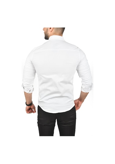 Deepsea Erkek Beyaz Slim Fit Pamuklu Cepli Kot Gömlek Çıtçıtlı Uzun Kollu Spor Gömlek 2502503 Beyaz