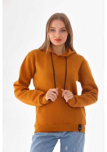Everest Everst Kapüşonlu 3 İplik Şardonlu Cepli Sweatshirt Hardal