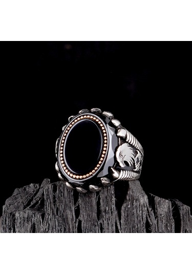 925 Ayar Gümüş Kartal Motifli Çember Onix Taşlı Erkek Yüzük