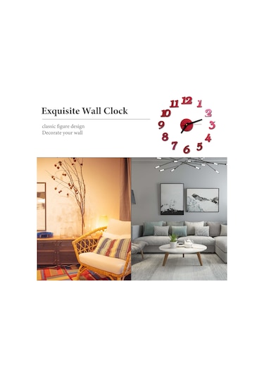 Vkemall Kırmızı Desenli Sayı Tasarımı Akrilik Duvar Saati - 40cm, Aa Karbon Pil Gerekli Takdim Edilmez Kırmızı