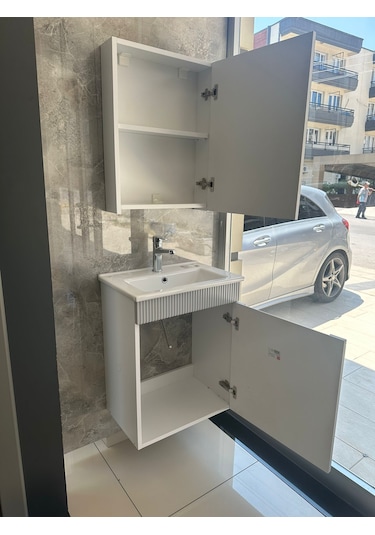 Banyo Dolabı Aynalı Cnc İşlemeli Membran Kapaklı 55 Cm Gri