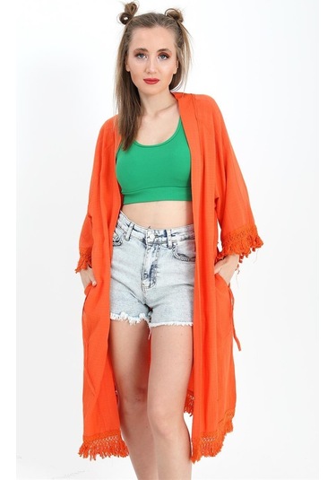 Kimono Palmiye Baskılı Püsküllü - Turuncu-turuncu Turuncu