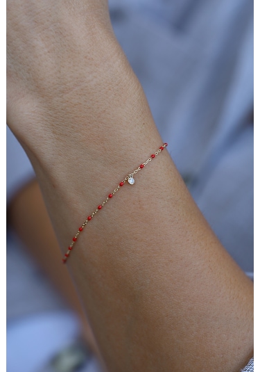 Yenigün Kuyumculuk 14 Ayar Altın Kırmızı Boncuklu Ve Tek Taş Detaylı Bileklik Sarı Altın