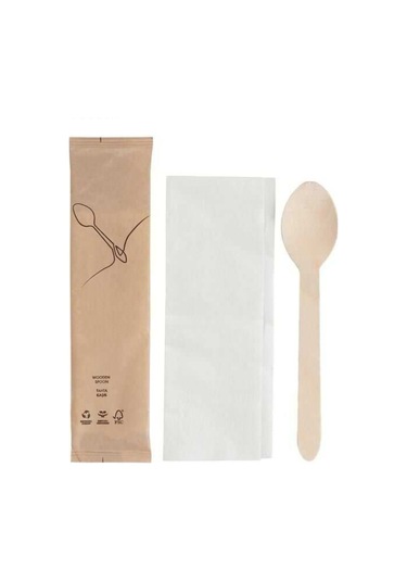 Kağıt Ambalajlı Tahta Kaşık Peçete Seti 50li