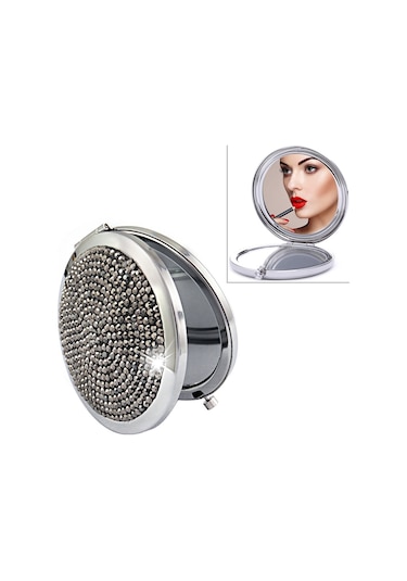 Sones Elmas İşlemeli Metal Çift Taraflı Katlanır Mini Taşınabilir Yuvarlak Küçük Makyaj Aynası Parlak Siyah