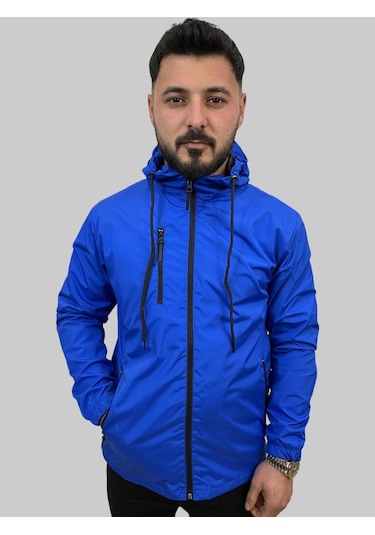 Erkek Kapüşonlu File Detaylı Saks Mavisi Yağmurluk Saks Mavisi Saks