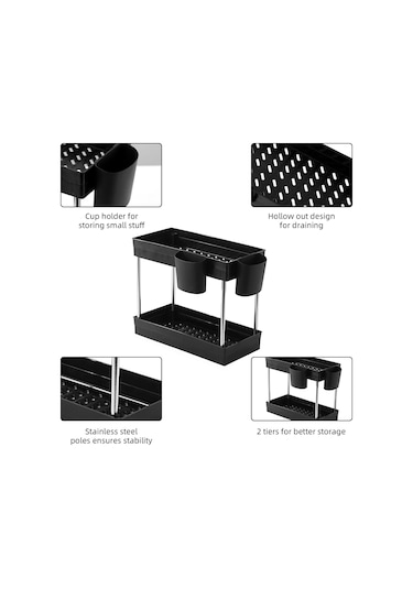 Leezsing Lavabo Altı Düzenleyici Lavabo Altı Raf Rafı 2 Katlı Lavabo Altı Depolama 2 Bardak Tutucu Depolama Rafı Banyo Mutfak İçin Siyah