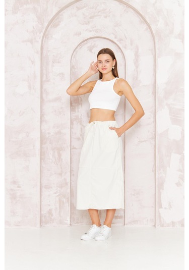 Kadın Ekru Paraşüt Etek Midi Cep Detaylı Beli Lastikli Stoperli Dm2036 Ekru