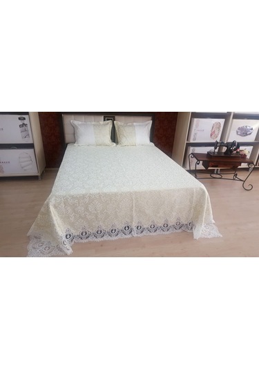 Finezza Beste Fransız Dantelli Simli Jakar Kumaş Krem Yatak Örtüs Krem
