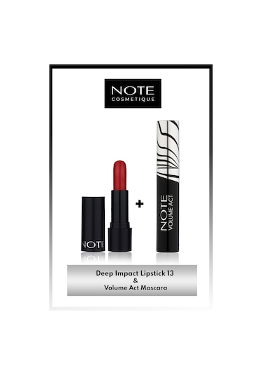 Note Cosmetics Deep Impact Lipstick Parlak Ruj 13 Impressive Red - Kırmızı & Volume Act Maskara Makyaj Seti