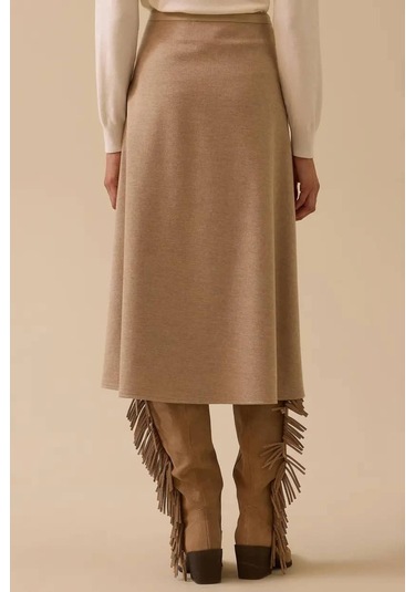 Kadın Suni Deri Biyeli Midi Etek - Bej Vizon