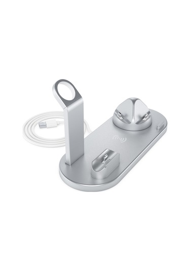 Honmex Gümüş 4'lü Kablosuz Şarj Üstü - Telefon, İwatch Ve Airpods İçin Eşzamanlı Şarj 10w Hızlı Şarj, Qı Desteği