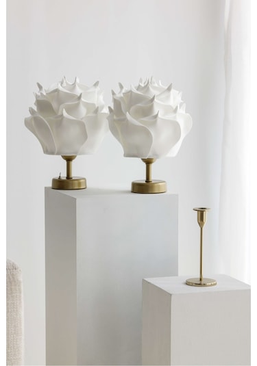 2'li Dekor Yapay Eva Gül Kablosuz Masa Lambası Üst Beyaz-alt Eskitme Gold 9v Kare Pil 2 Adet