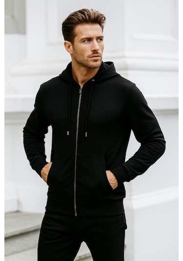 Rich Erkek Siyah Kapüşonlu Kanguru Cepli Fermuarlı Sweatshirt Siyah