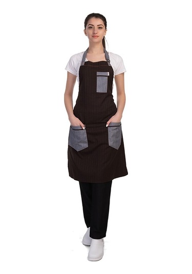 Barista Chef Cafe Aşçı Boydan Önlük Turkuaz Çizgili Kot Cepli