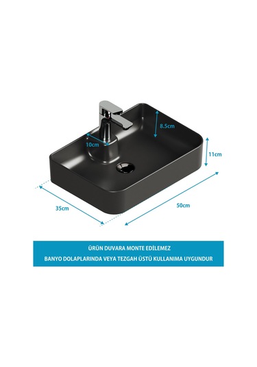 Aqua Bagno Mestola Delikli Tezgah Üstü Lavabo Batarya Mat Siyah 50 x 35 CM