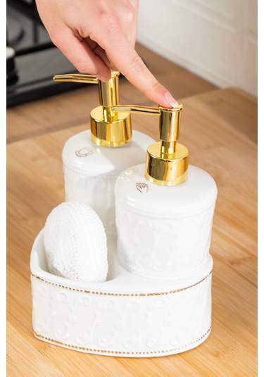 Porsima 3117 Gold Kapaklı Porselen Süngerli 2li Sıvı Sabunluk Beyaz 350+350 Ml Açık Gri - Beyaz