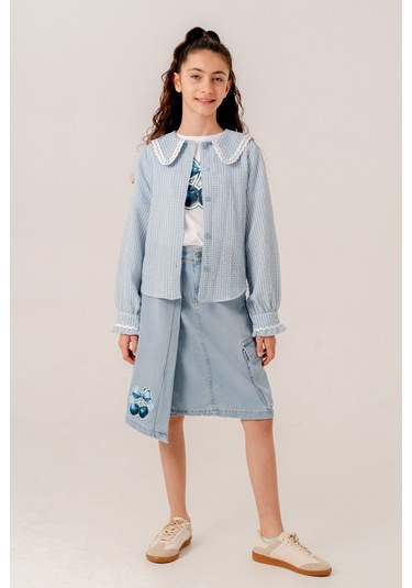 Kız Çocuk Su Taşlı Gömlek T-shirt İkili Takım 1805 Mavi