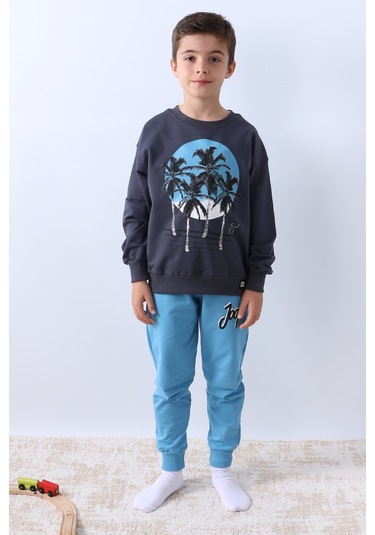 Erkek Çocuk Eşofman Takımı Palmiye Baskılı Ribanalı 4 Mevsim Bisiklet Yaka F13 Mavi
