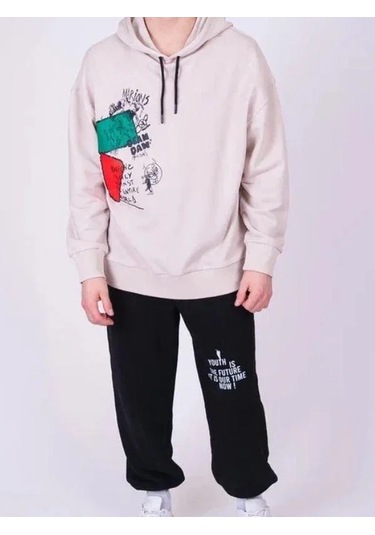 Çocuk Family World Yazıılı Kapüşonlu Sweatshirt-13545 Ekru