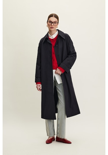 Kemerli Oversize Gabardin Trençkot Lacivert Lacivert