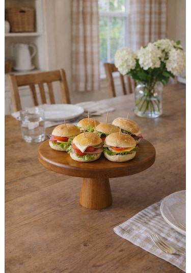 Justwood Mini 20 Cm Ahşap Konik Ayaklı Yuvarlak Pasta Kurabiye Sunum Servis Tabağı Kahverengi