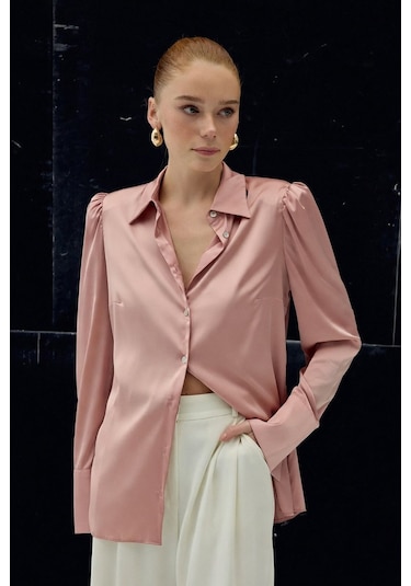 Sateen Vatkalı Saten Gömlek - Pembe-136730 Pembe