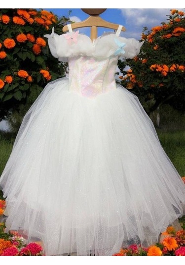 Kız Çocuk Prenses Yaka Kelebek İşlemeli Pullu Tarlatanlı Abiye Elbise-15464 Beyaz