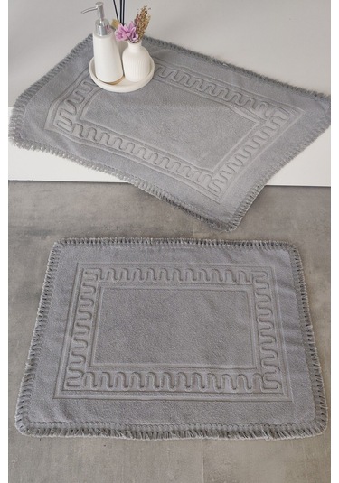2'li Püsküllü Ayak Havlusu-%100 Pamuk-50x70 Cm-gri Gri