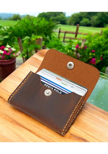 Cronder Hakiki Deri Yan Model Kutu Cüzdan Kartlık Kahverengi