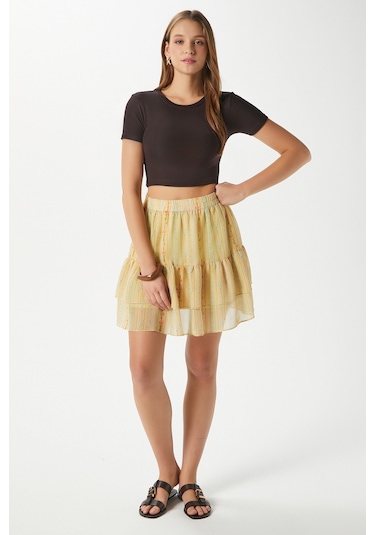 Kadın Juliet Sarı Çiçek Desen Astarlı Volanlı Mini Şifon Dokuma Etek