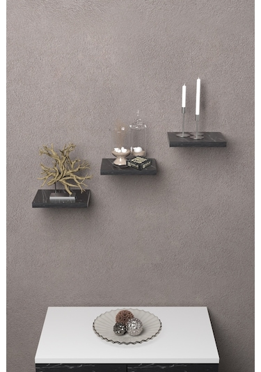 Duvar Rafı Dekoratif 3 Adet Çiçeklik Kare Siyah Mermer Desen