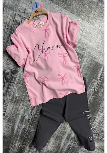 Fiyonk Desenli Kız Çocuk Pembe Renk Taytlı Takım Pembe