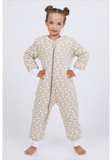 Kız Erkek Çocuk Kalın Elyaf Dolgulu Premium Kalite 2.5 Tog Desenli Uyku Tulumu Koyu Bej