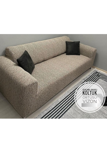 Düz Jakarlı 3 Kişilik Vizon Kanepe Örtüsü Lastikli Koltuk Örtüsü Çekyat Örtüsü Koltuk Kılıfı Sütlü