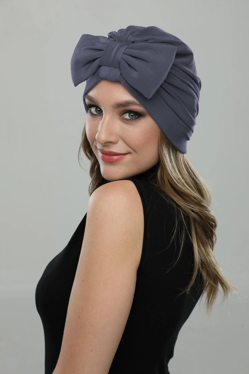 Fiyonklu Koyu Gri Hazır Türban Tesettür Havuz Bonesi Koyu Gri